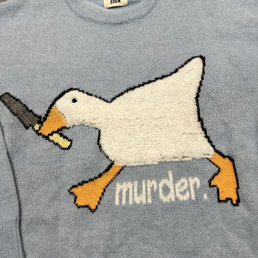 Aelfric Eden Sweater Mens XL Blue Crewneck Murder Goose Graphic Knit Pullover